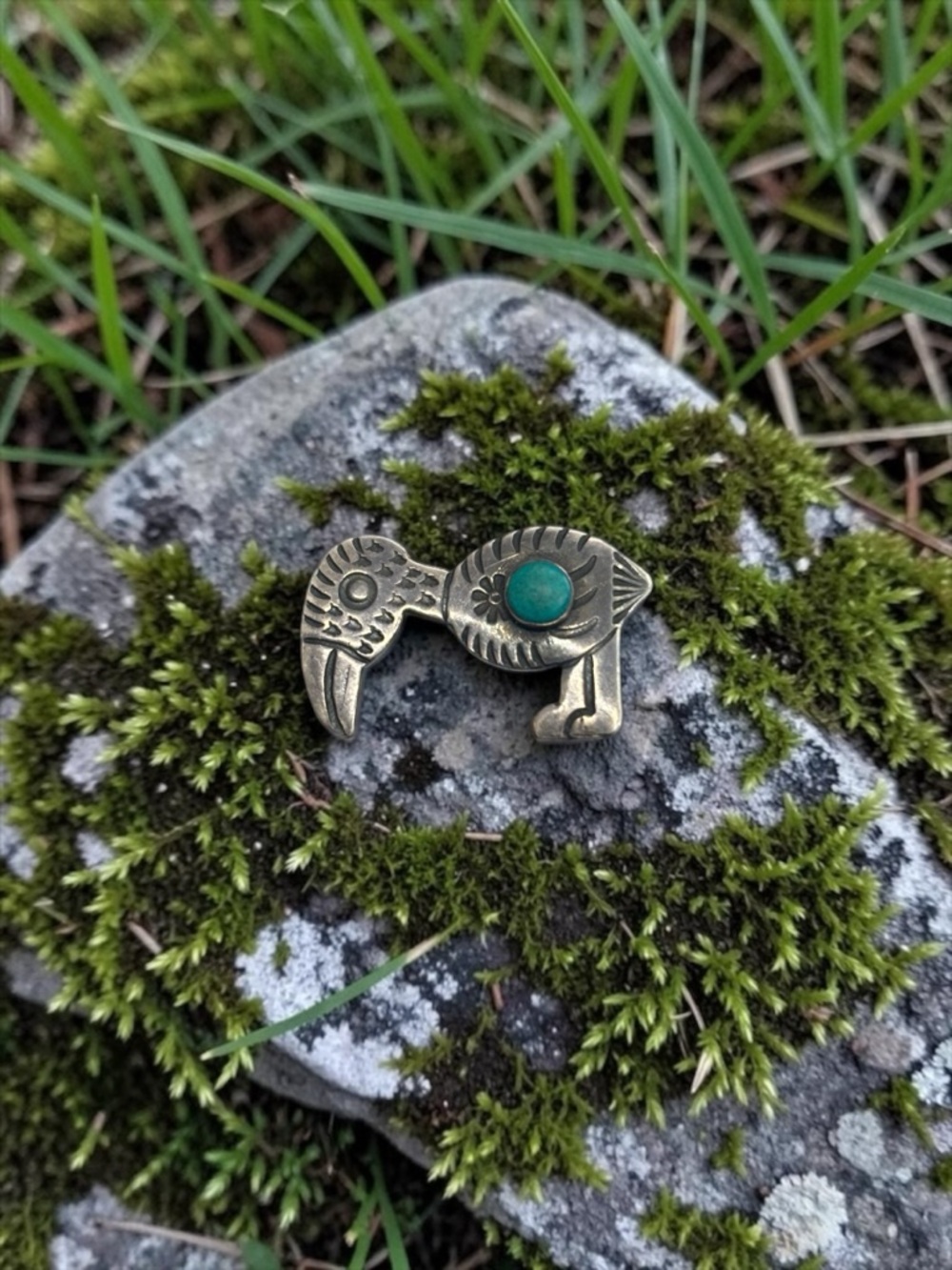 Vintage Sterling Silver Bird Pin with Turquoise‎ Cabochon